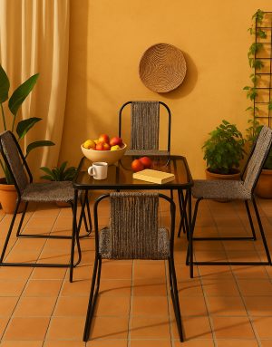 Black Glass Table + 4 Black Chair Left, Right, Front & Back