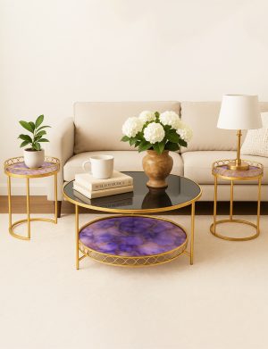 Round & Gold Coffee Table + 2 Set Side Table